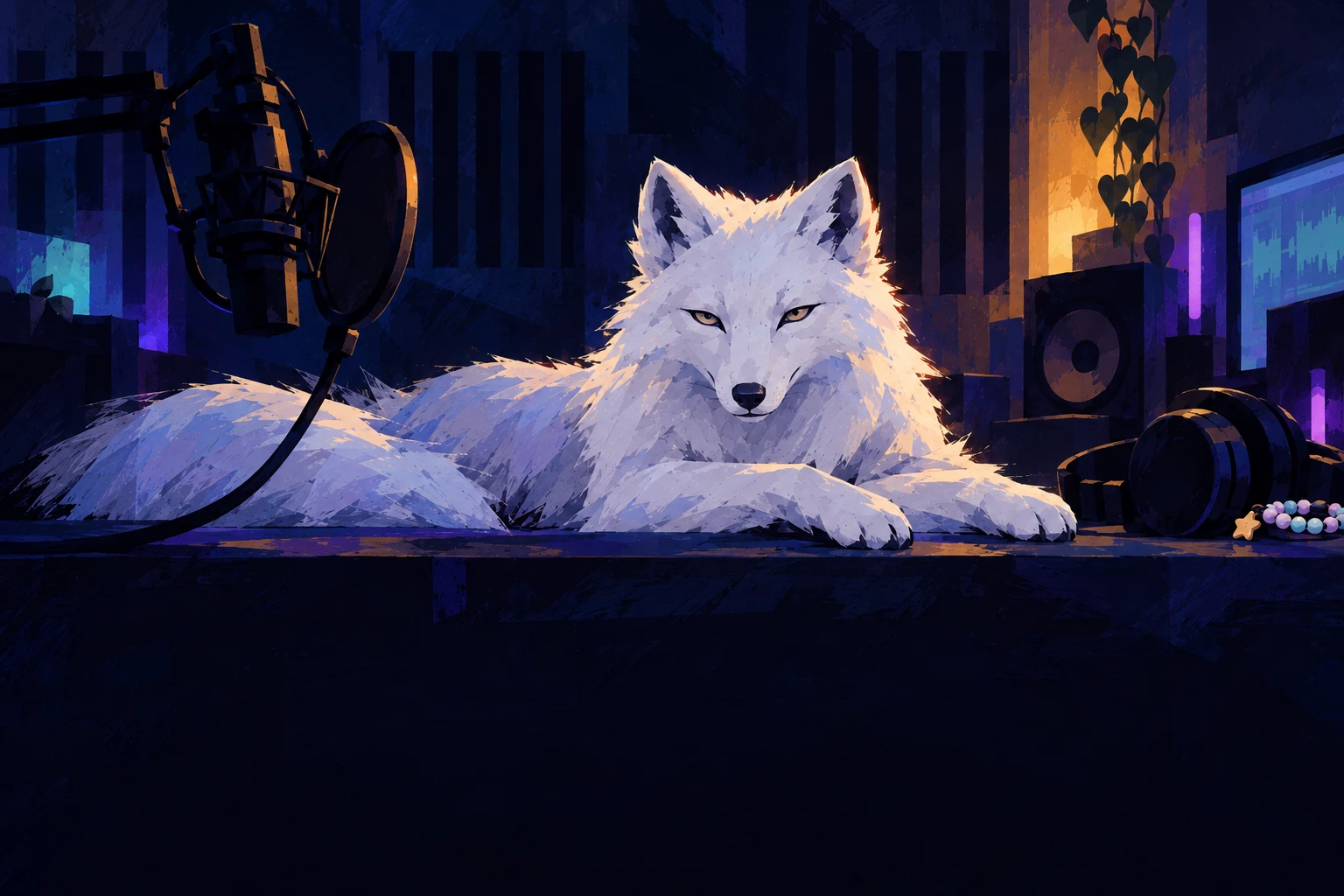 An arctic fox resting on a studio desk beside a microphone and headphones