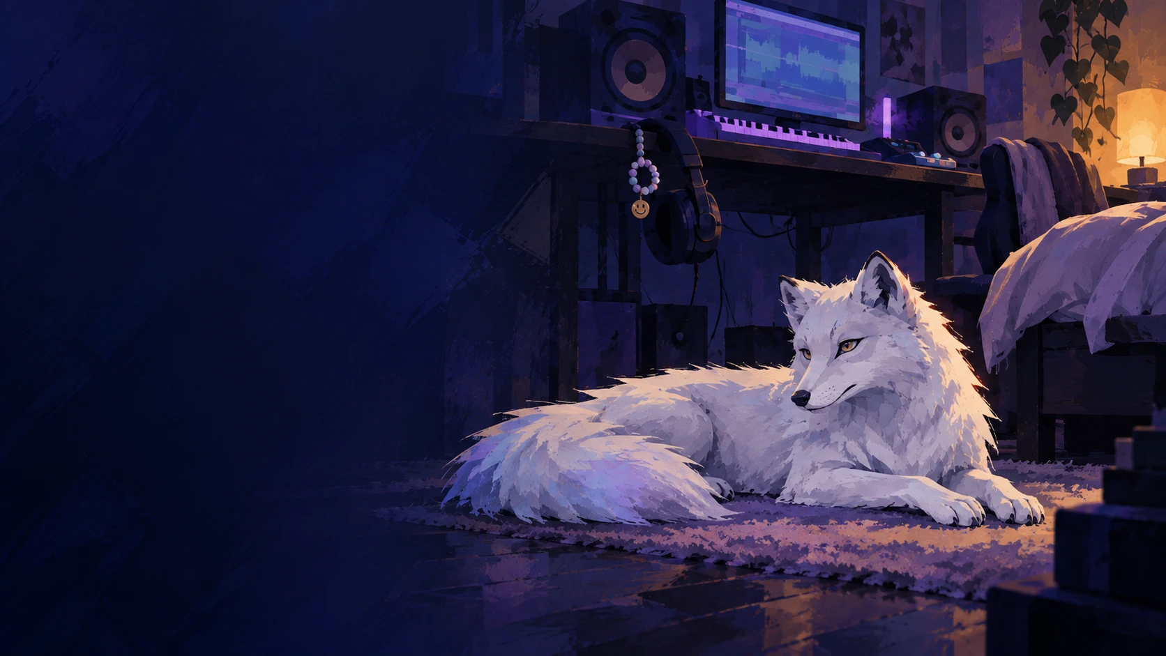 An arctic fox lying on a rug in a dark studio bedroom