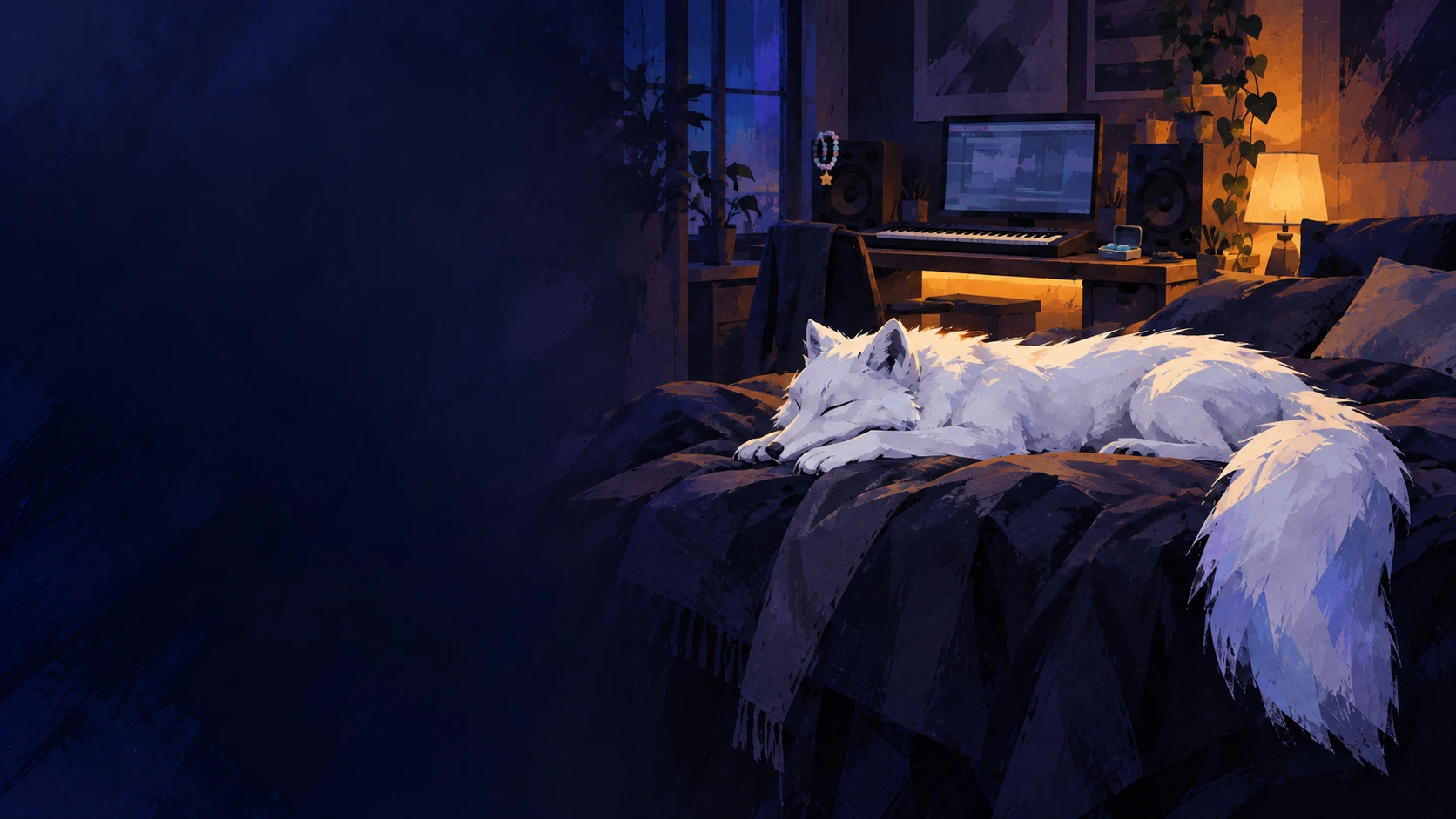 An arctic fox asleep on a bed beside a small studio desk