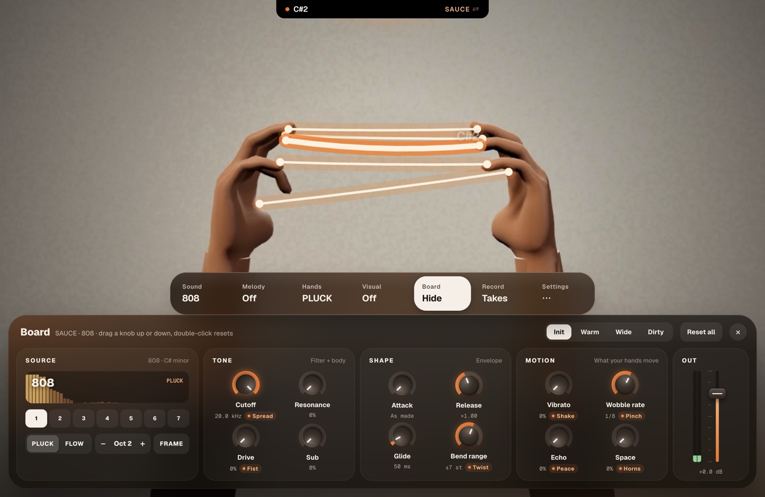 The Board: knobs for source, tone, shape, motion and output under the playing hands