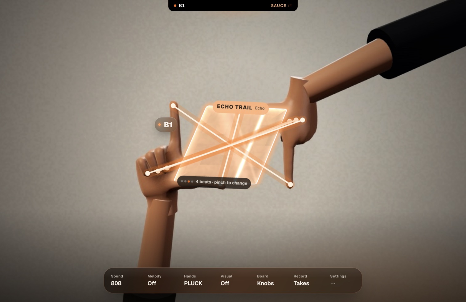 Hands making a frame shape with a glowing loop panel labelled Echo Trail inside it