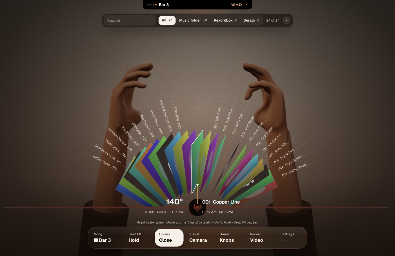 A fan of album covers spinning between two raised hands, with a track loading at the centre