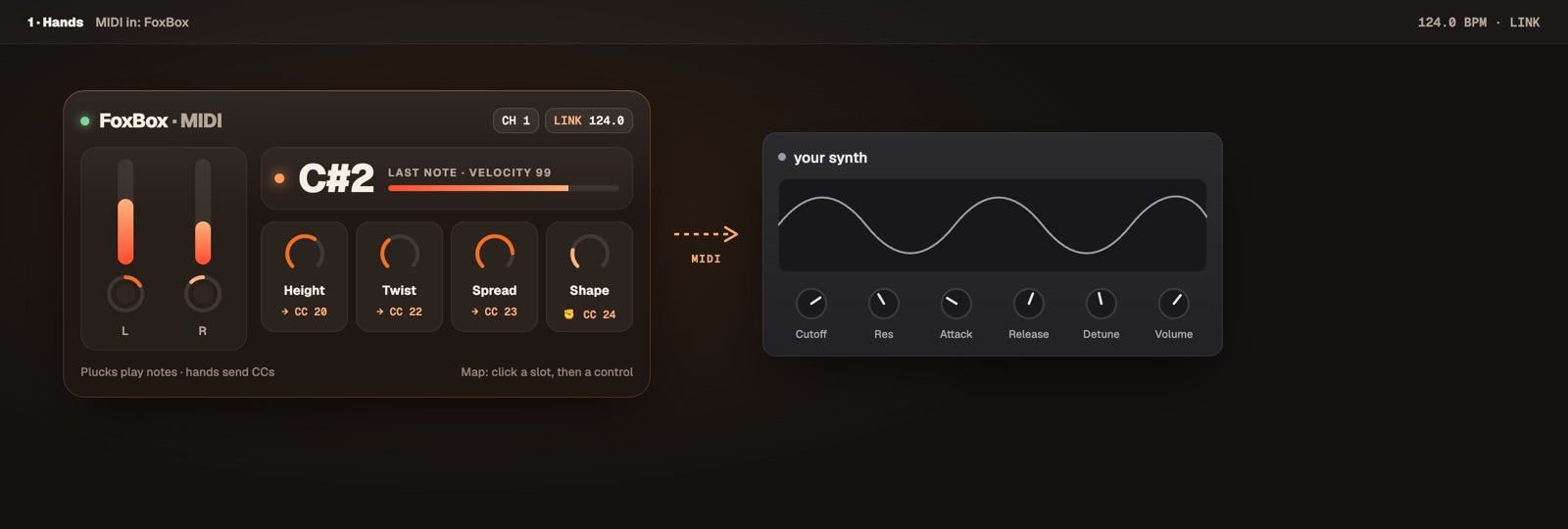 The FoxBox MIDI device in an Ableton Live track, sending MIDI to a synth