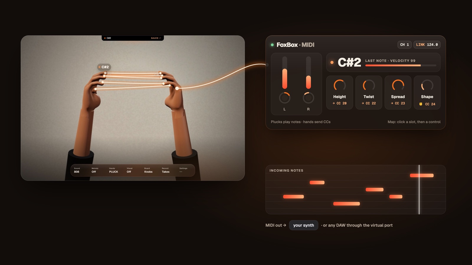 Hands plucking strings of light in FoxBox, wired into the FoxBox MIDI device with its note, Height, Twist, Spread and Shape controls
