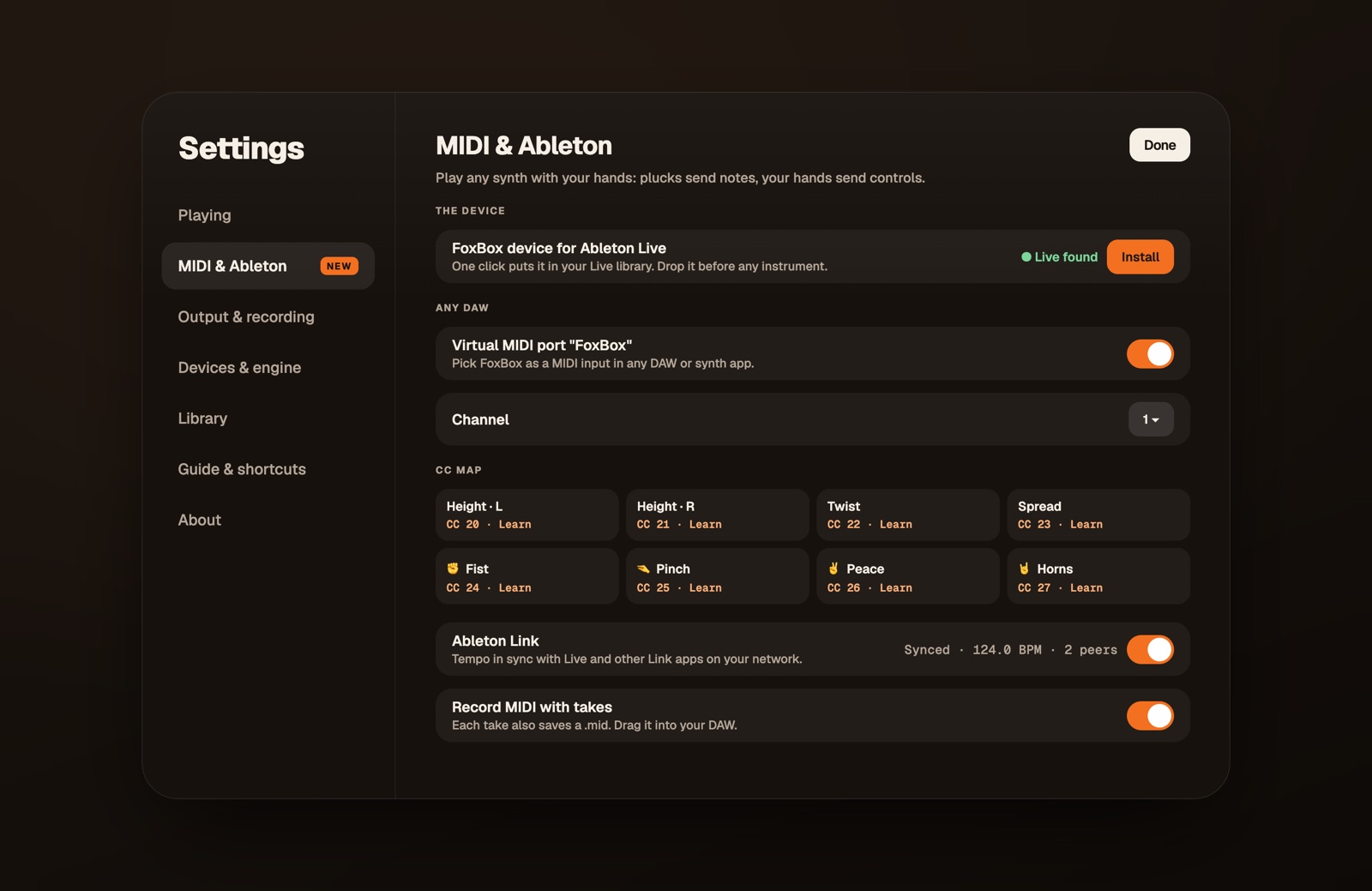 FoxBox Settings, MIDI and Ableton: install the Live device, the FoxBox virtual MIDI port, CC map, Ableton Link and MIDI takes