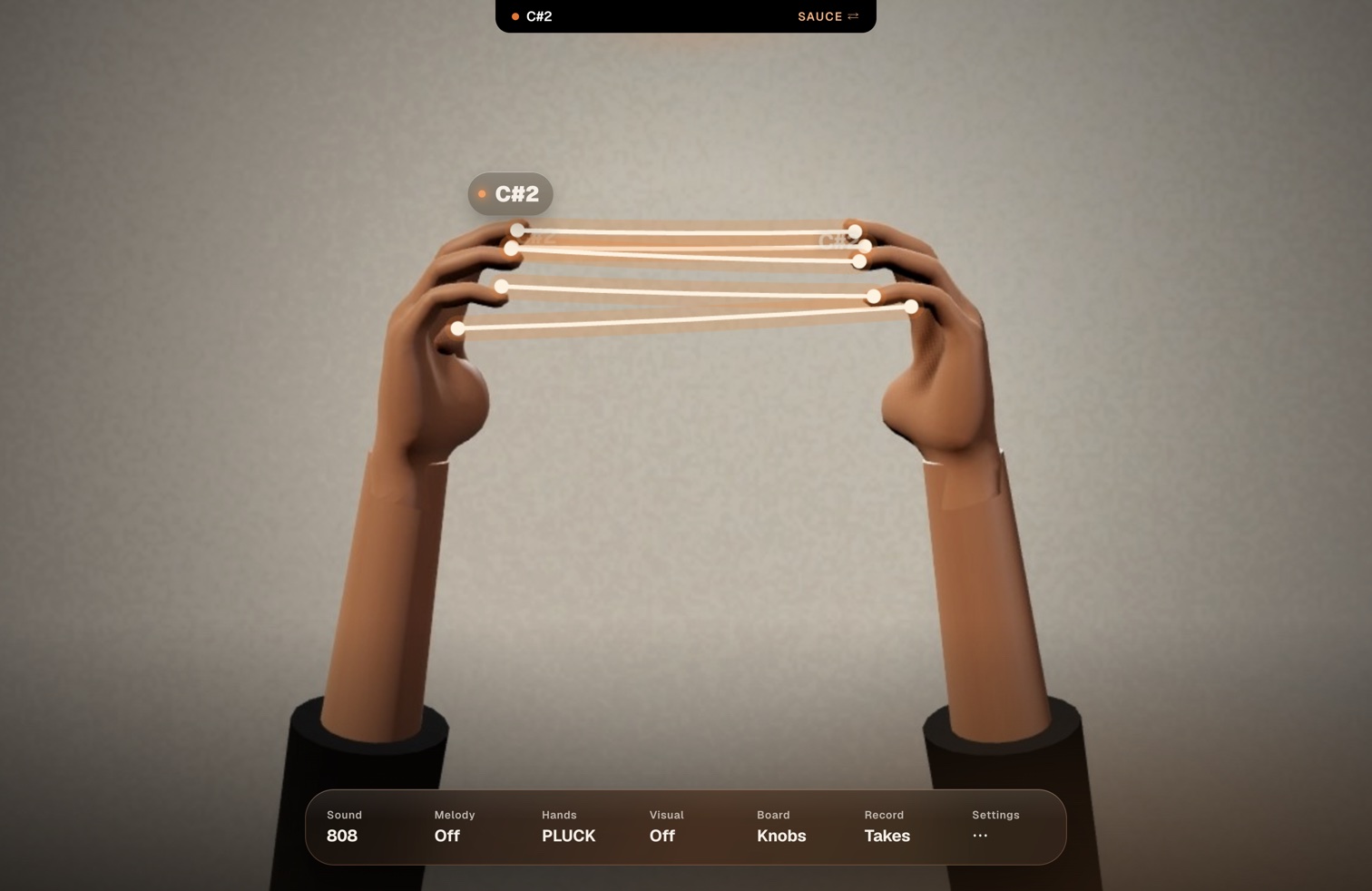 Two hands curved into a C with strings of light between the fingertips, the note C#2 showing above them